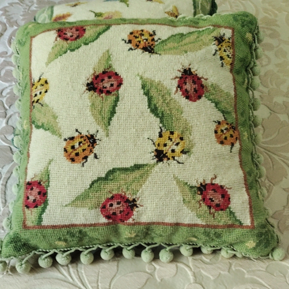 Ladybug Embroidered Pillow with Green Trim
